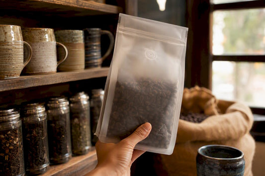 Hand holding recyclable coffee bag close-up