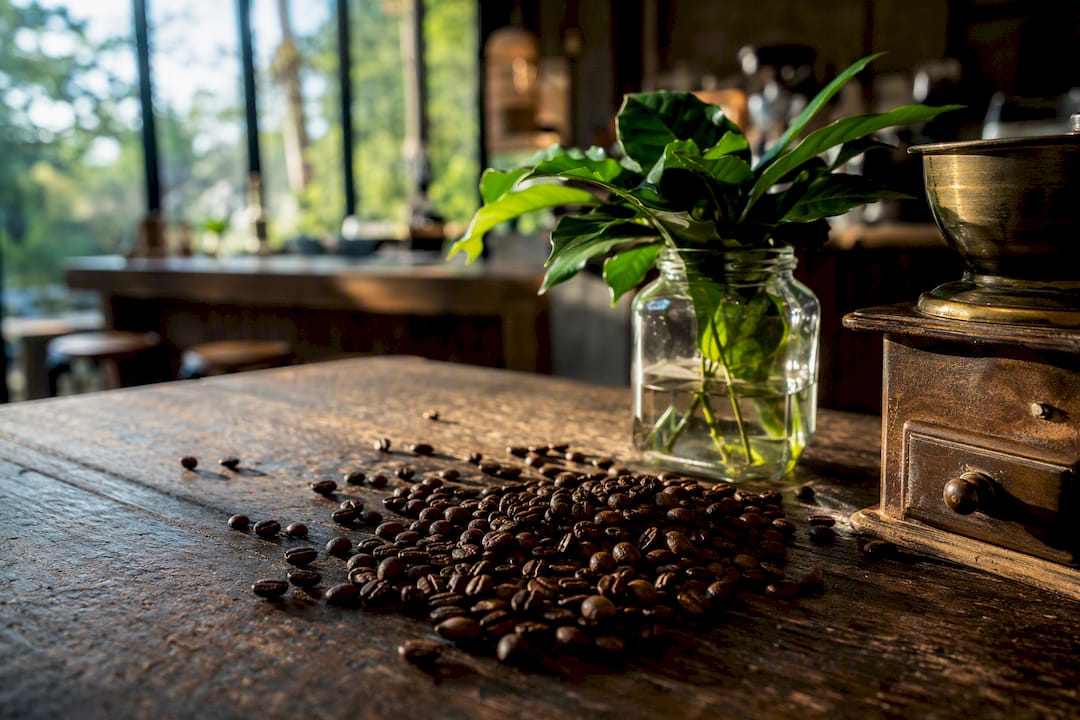 Close-up of whole coffee beans on rustic table