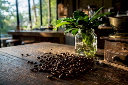 Close-up of whole coffee beans on rustic table