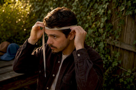 Person measuring head circumference for hat size