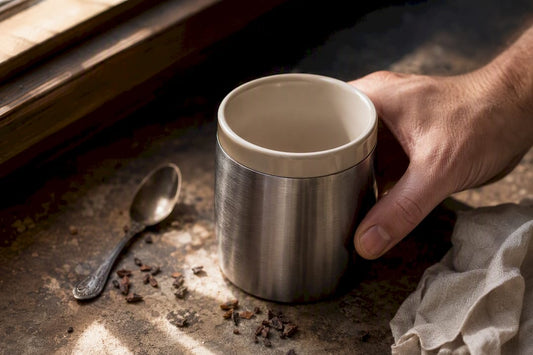 Hand placing ceramic insert into insulated mug
