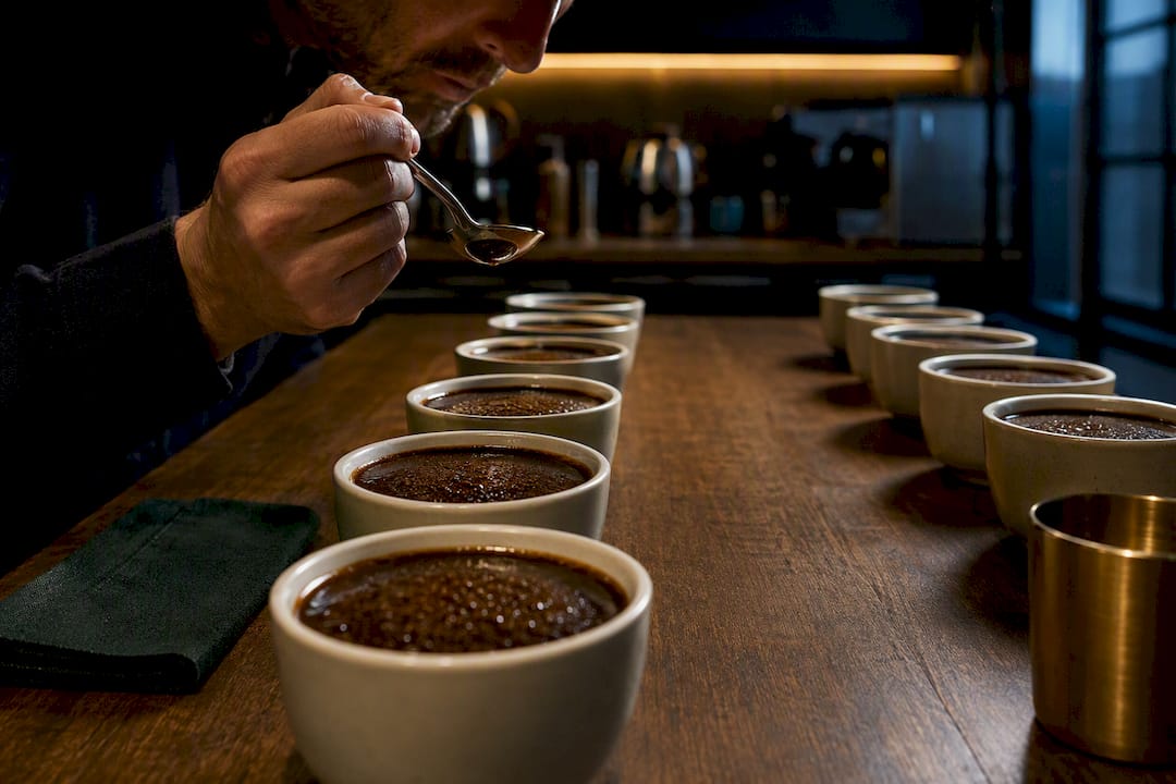 Blind coffee cupping bowls under warm light
