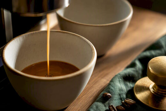 Espresso pouring into a small ceramic cup