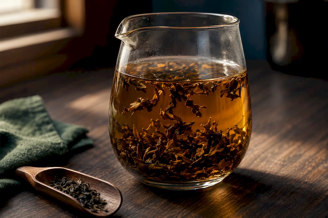 Tea leaves steeping in a clear vessel