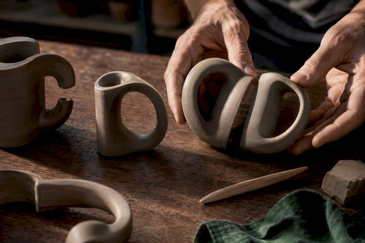 Potter comparing cropped ceramic mug handles