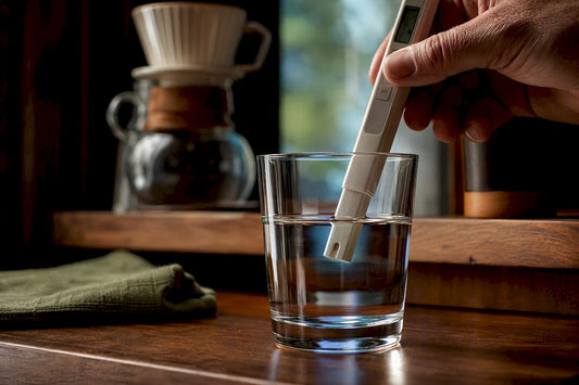 Testing tap water beside coffee equipment