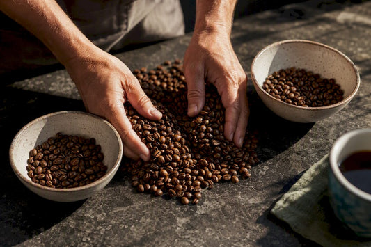 Two coffee bean portions for half-caff blend