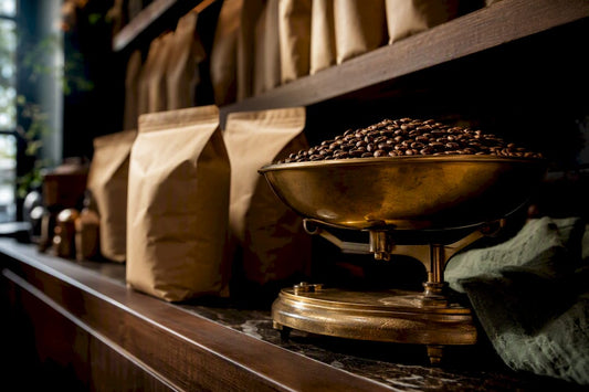Coffee beans beside a retail weighing scale