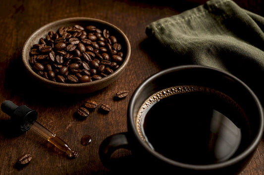 Flavored coffee beans beside black coffee