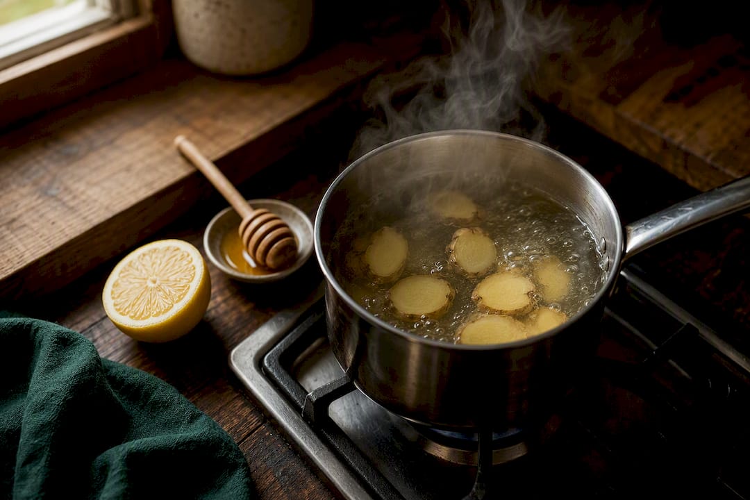 Fresh ginger simmering for sore throat tea