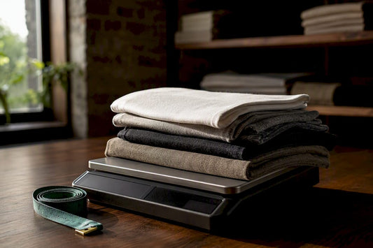 Layered tee fabric swatches on scale