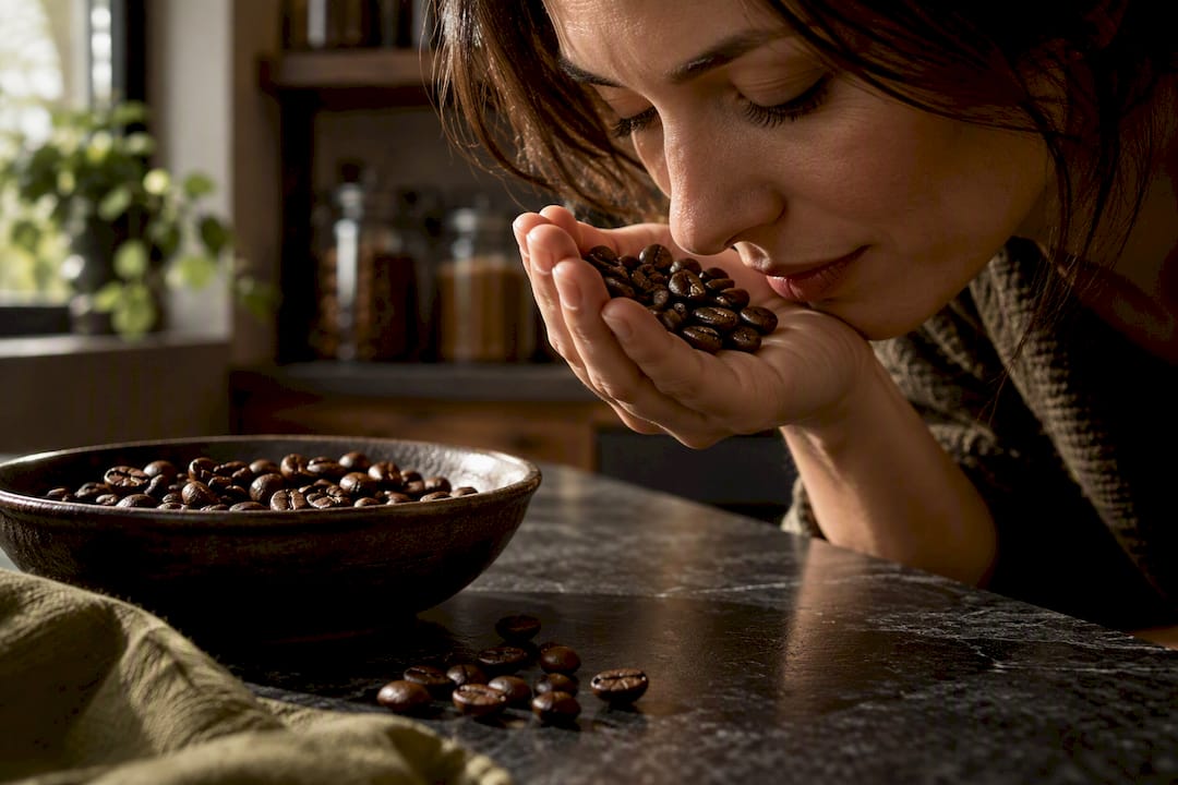 Hand inspecting coffee beans for freshness