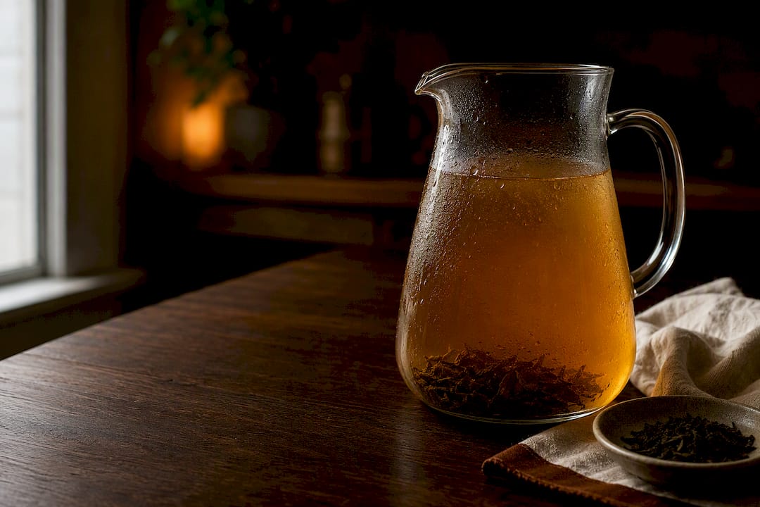 Chilled cold-brew tea pitcher with loose leaves