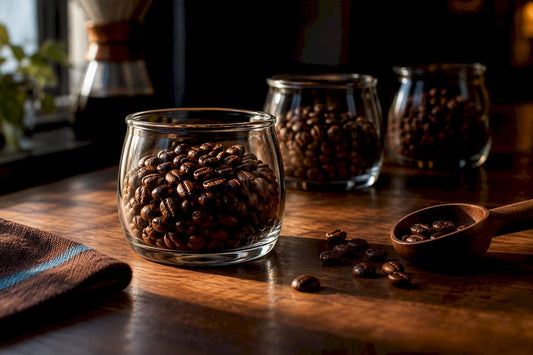 Fresh roasted coffee beans resting on counter