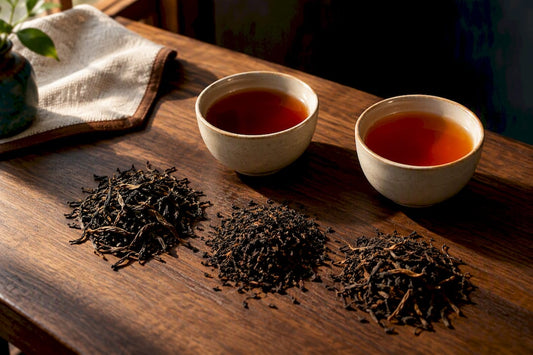Two breakfast teas beside loose tea leaves
