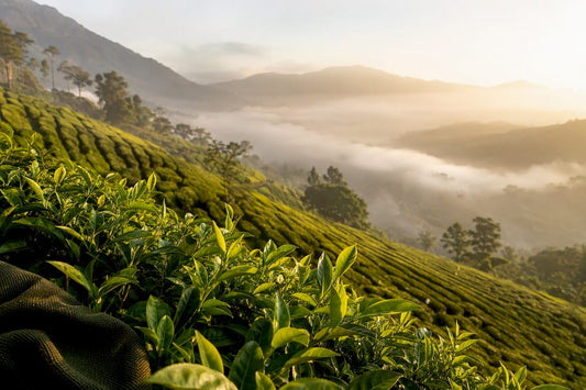 Misty highland tea estate with fresh leaves