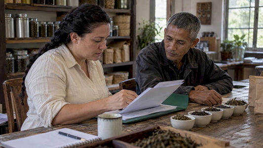 Tea buyer reviewing sourcing evidence with supplier