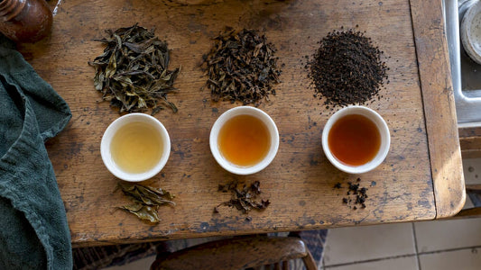 Tea grades and brewed samples on wood