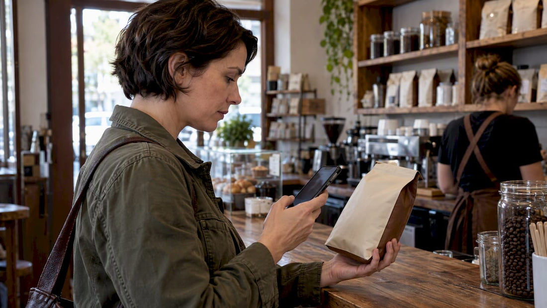 Shopper checking coffee sourcing details