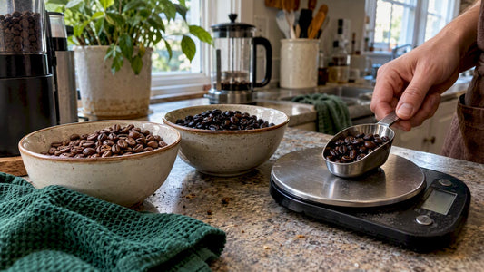 Light and dark coffee roasts beside measuring tools