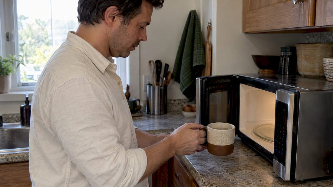 Shopper checking a warm ceramic mug after microwaving