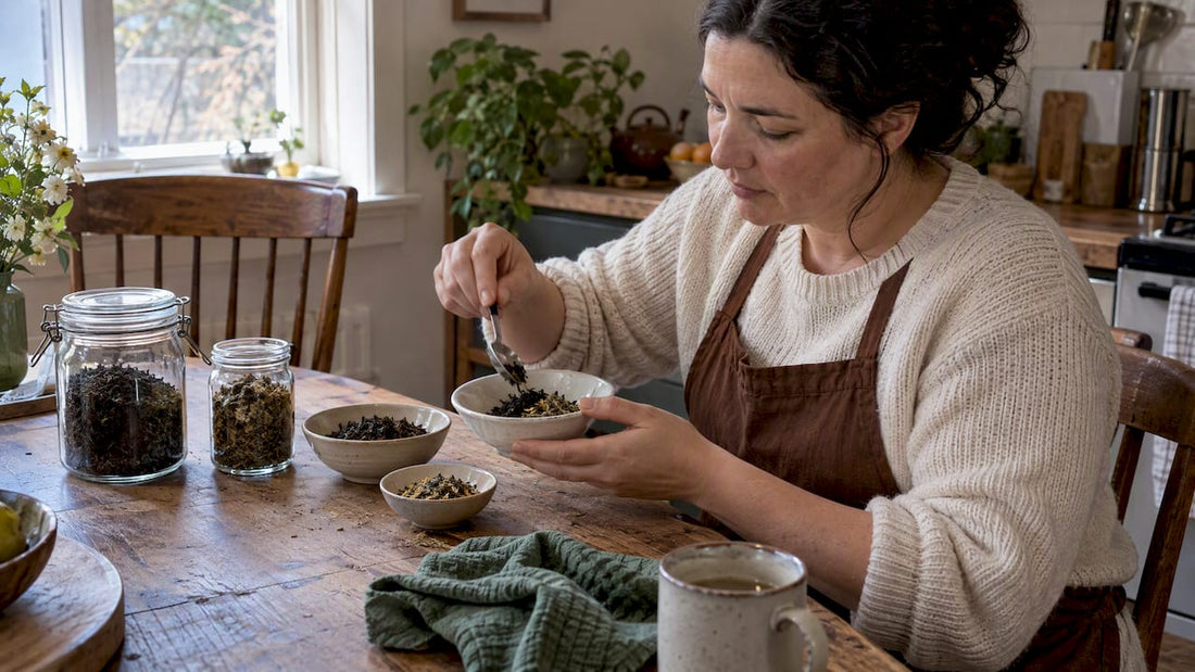 Hands combining two loose leaf teas at home