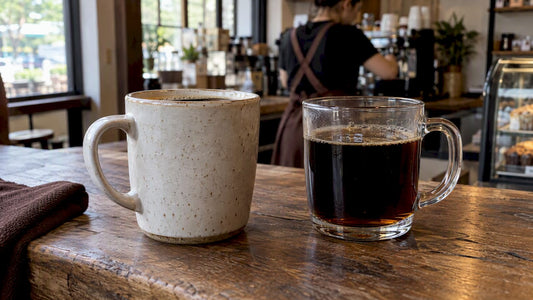 Ceramic and glass coffee mugs side by side
