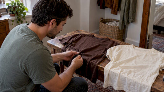 Hands comparing two cotton T-shirts